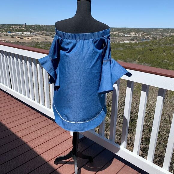Denim Off Shoulder Top Bell Sleeves‎ - Picture 6 of 12